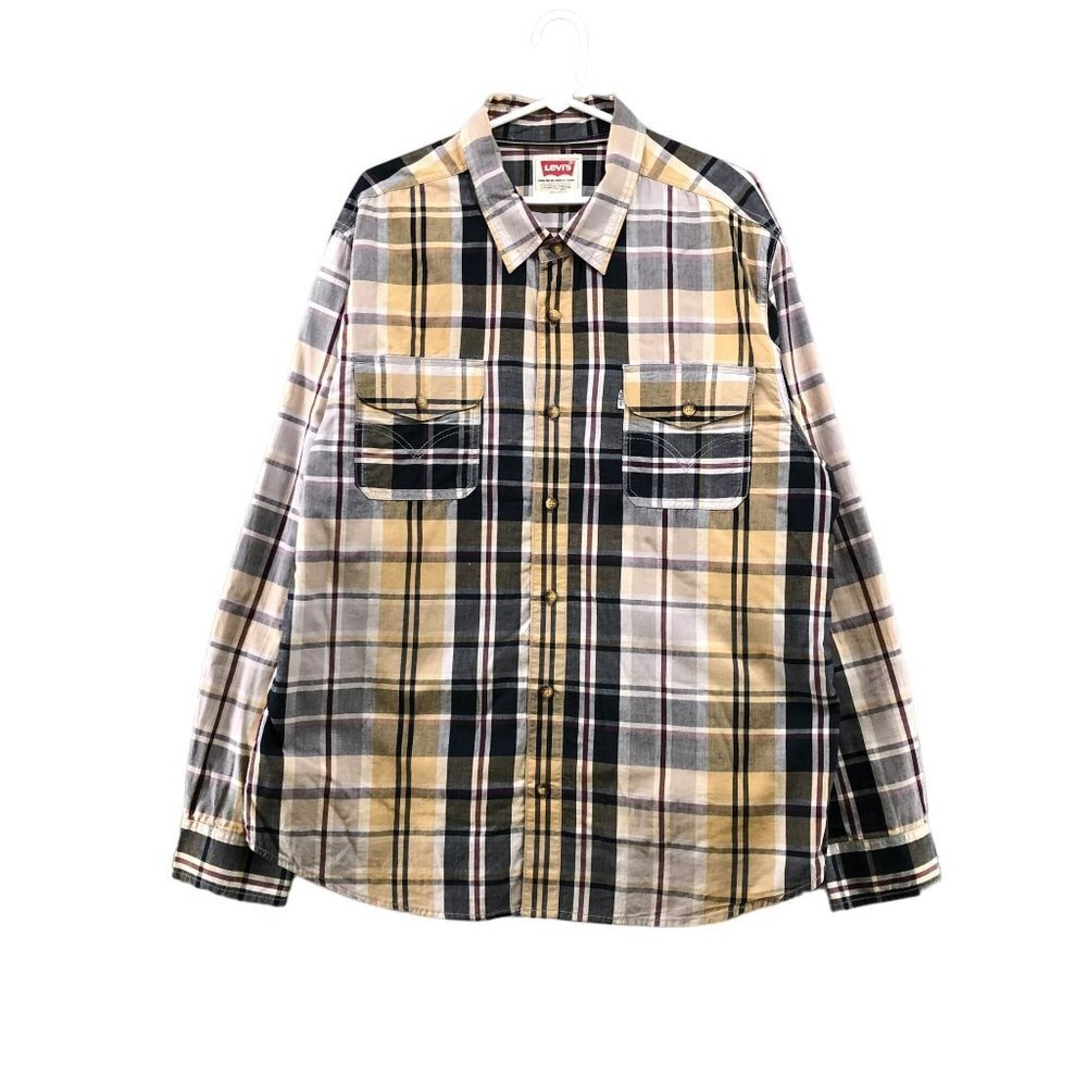 Levi's Western Shirt Mens XXL Long Sleeve Plaid Yellow Gray Cotton Utility